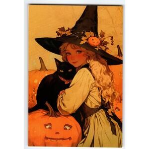 Vintage Halloween Witch Girl with Black Cat & Pumpkins Postcard 5.5x4"